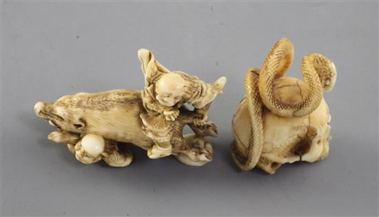 Two Japanese ivory netsuke, Meiji period, 3.5cm, crack to ivory